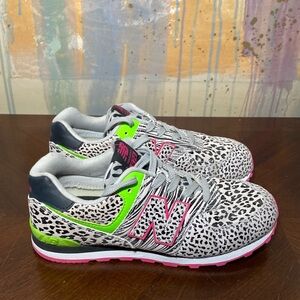 New Balance White Leopard Print Sneakers with Neon Green & Pink Accents